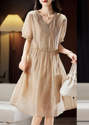 Vogue Champagne Ruffled V Neck Lace Patchwork Maxi Dresses Summer
