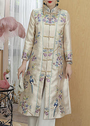 Vogue Champagne Stand Collar Embroideried Floral Bird Button Pockets Satin Coats Long Sleeve