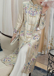 Vogue Champagne Stand Collar Embroideried Floral Bird Button Pockets Satin Coats Long Sleeve