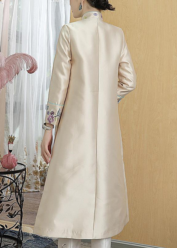 Vogue Champagne Stand Collar Embroideried Floral Bird Button Pockets Satin Coats Long Sleeve