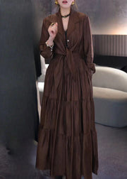 Vogue Coffee Notched Wrinkled Patchwork Tie Waist Maxi Dress Spring