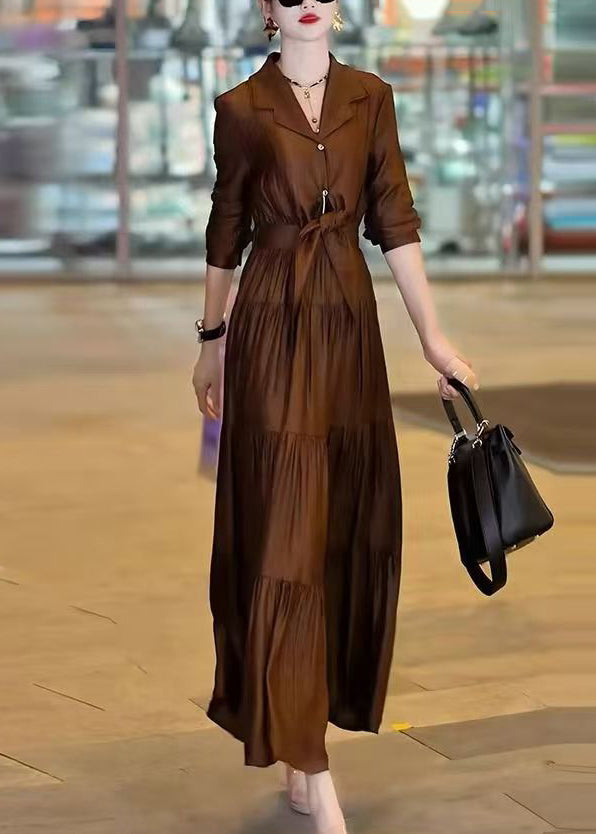 Vogue Coffee Notched Wrinkled Patchwork Tie Waist Maxi Dress Spring