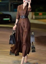 Vogue Coffee Notched Wrinkled Patchwork Tie Waist Maxi Dress Spring