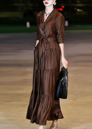 Vogue Coffee Notched Wrinkled Patchwork Tie Waist Maxi Dress Spring