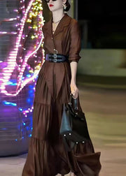 Vogue Coffee Notched Wrinkled Patchwork Tie Waist Maxi Dress Spring