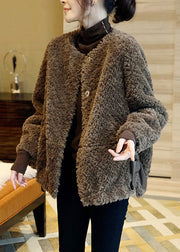 Vogue Chocolate O-Neck Button Thick Faux Fur Coat Fall