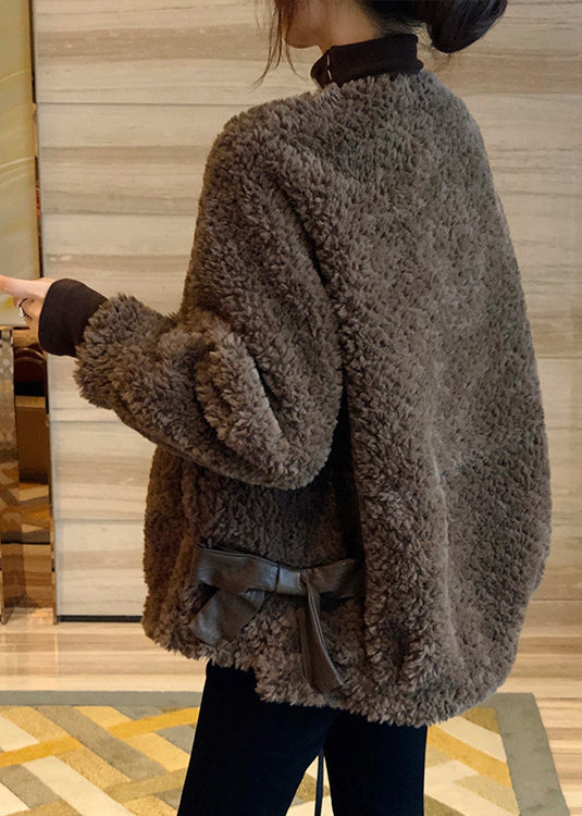 Vogue Chocolate O-Neck Button Thick Faux Fur Coat Fall