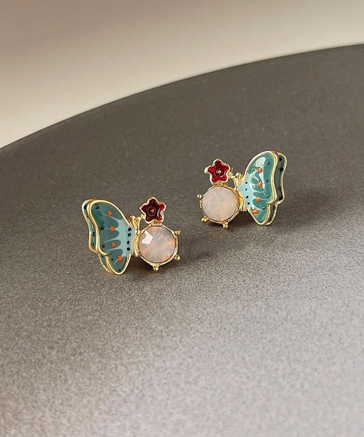 Vogue Colorblock Alloy Crystal Butterfly Enamel Floral Stud Earrings