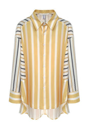 Vogue Colorblock Striped Asymmetrical Patchwork Low High Design Shirt Long Sleeve