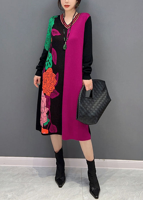 Vogue Colorblock V Neck Patchwork Print Knit Dress Winter