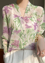 Vogue Colorblock V Neck Print Button Silk Shirt Fall