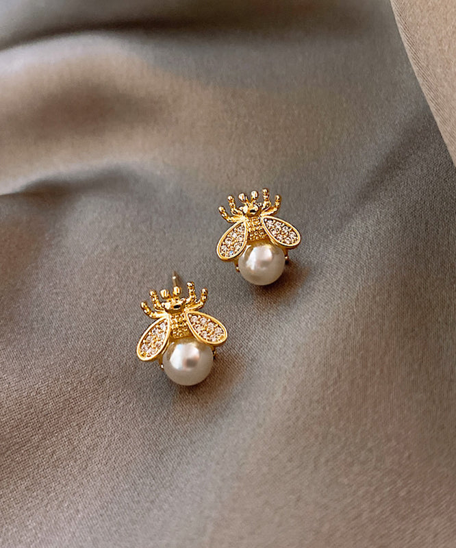 Vogue Gold Copper Overgild Bee Pearl Stud Earrings