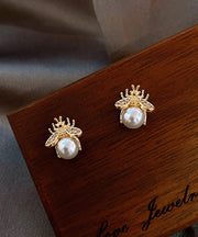 Vogue Gold Copper Overgild Bee Pearl Stud Earrings