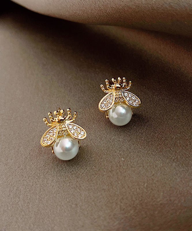 Vogue Gold Copper Overgild Bee Pearl Stud Earrings