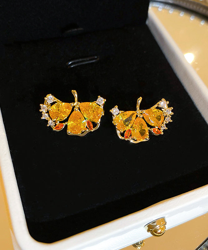 Vogue Gold Copper Zircon Ginkgo Leaves Stud Earrings