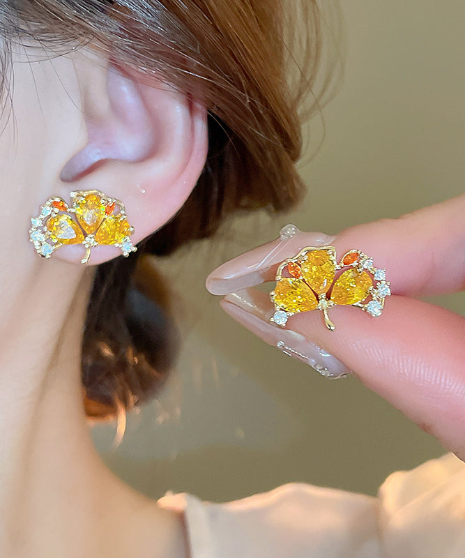 Vogue Gold Copper Zircon Ginkgo Leaves Stud Earrings