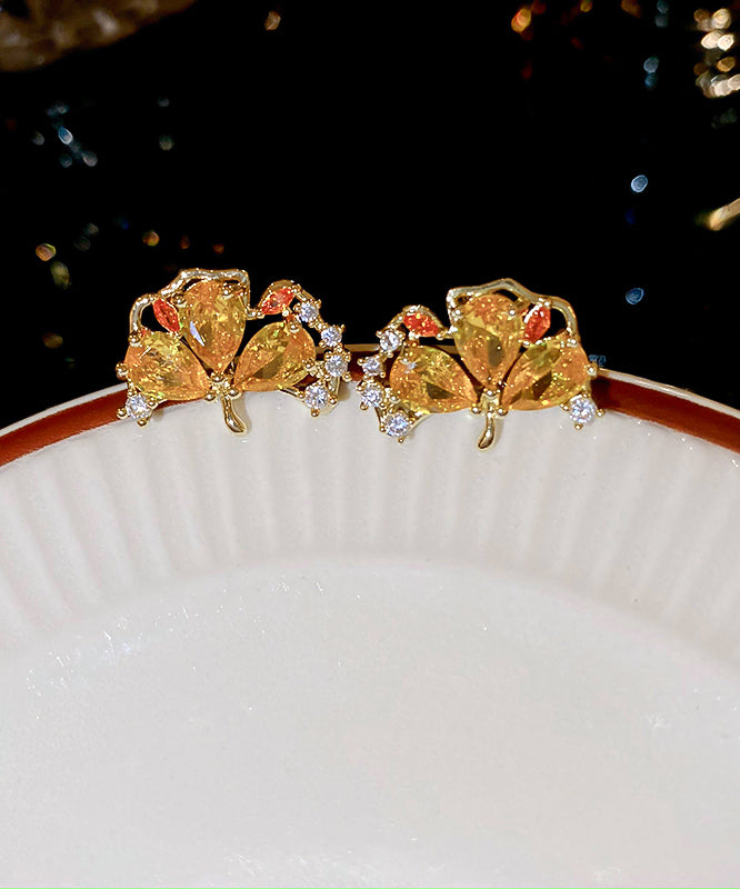 Vogue Gold Copper Zircon Ginkgo Leaves Stud Earrings