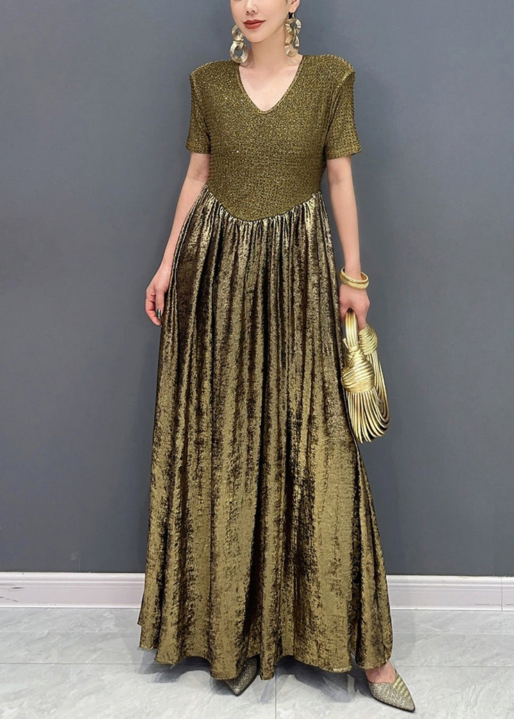 Vogue Gold V Neck Sequins Long Dresses Summer
