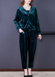 Vogue Green Print Silk Velour Hooded Coats And Harem Pants Two Pieces Set Fall