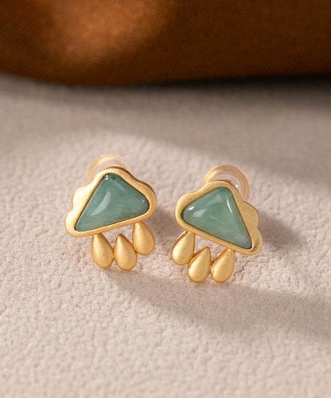 Vogue Green Sterling Silver Overgild Jade Cloud Water Drop Stud Earrings