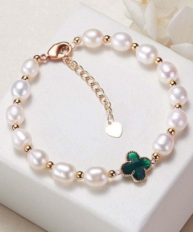 Vogue Green Sterling Silver Overgild Zircon Pearl Four Leaf Clover Charm Bracelet