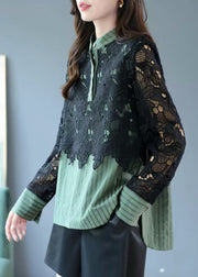 Vogue Green Striped Button Lace Patchwork Shirt Spring