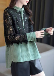 Vogue Green Striped Button Lace Patchwork Shirt Spring