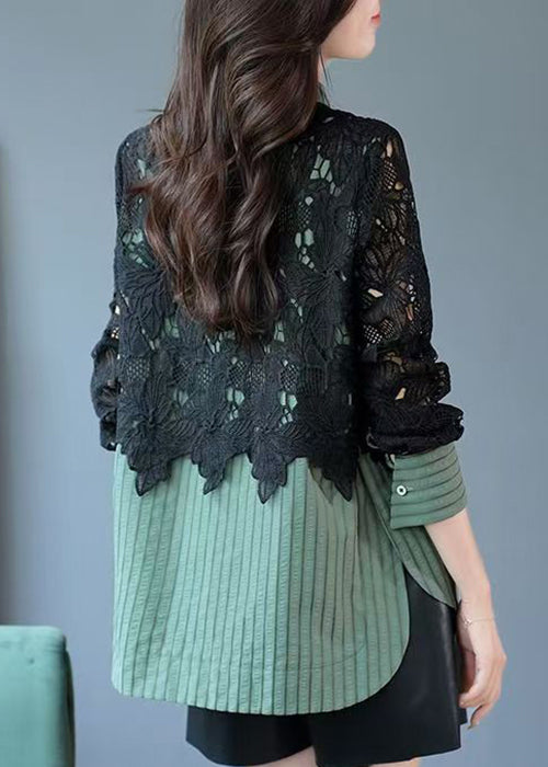 Vogue Green Striped Button Lace Patchwork Shirt Spring