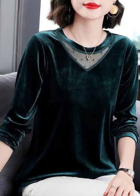 Vogue Green Tulle Patchwork Silk Velour Shirt Tops Long Sleeve