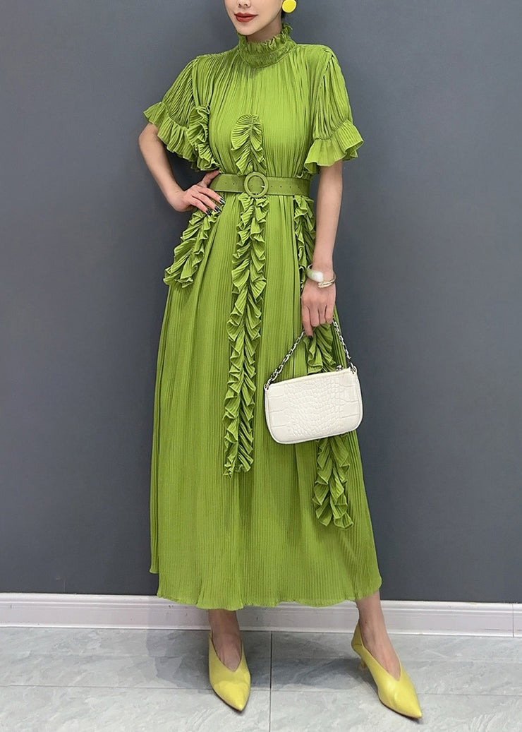 Vogue Green Turtleneck Ruffled Wrinkled Maxi Dress Short Sleeve