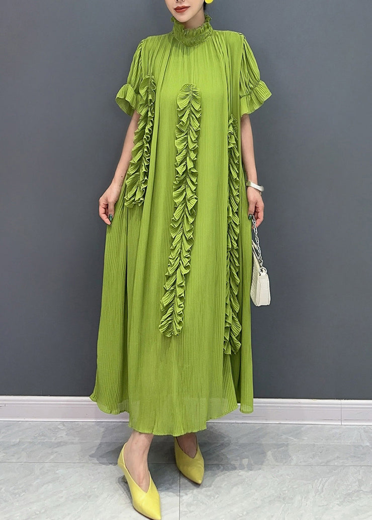 Vogue Green Turtleneck Ruffled Wrinkled Maxi Dress Short Sleeve