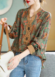 Vogue Green V Neck Print Nail Bead Low High Design Chiffon Shirt Long Sleeve