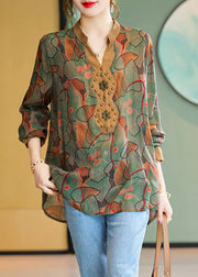 Vogue Green V Neck Print Nail Bead Low High Design Chiffon Shirt Long Sleeve