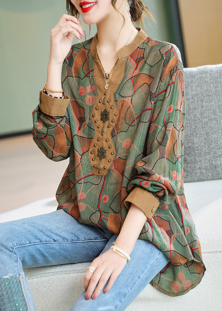 Vogue Green V Neck Print Nail Bead Low High Design Chiffon Shirt Long Sleeve