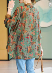 Vogue Green V Neck Print Nail Bead Low High Design Chiffon Shirt Long Sleeve