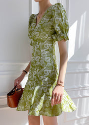 Vogue Green V Neck Ruffled Print Cotton Dress Summer