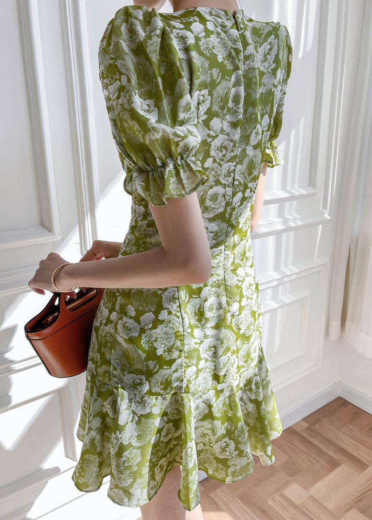 Vogue Green V Neck Ruffled Print Cotton Dress Summer