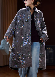 Vogue Grey Peter Pan Collar Pockets Sequins Long Woolen Coats Spring