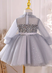 Vogue Grey Sequins Patchwork Tulle Girls Holiday Maxi Dress Spring