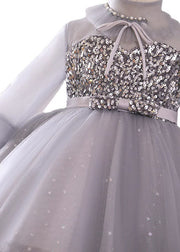 Vogue Grey Sequins Patchwork Tulle Girls Holiday Maxi Dress Spring