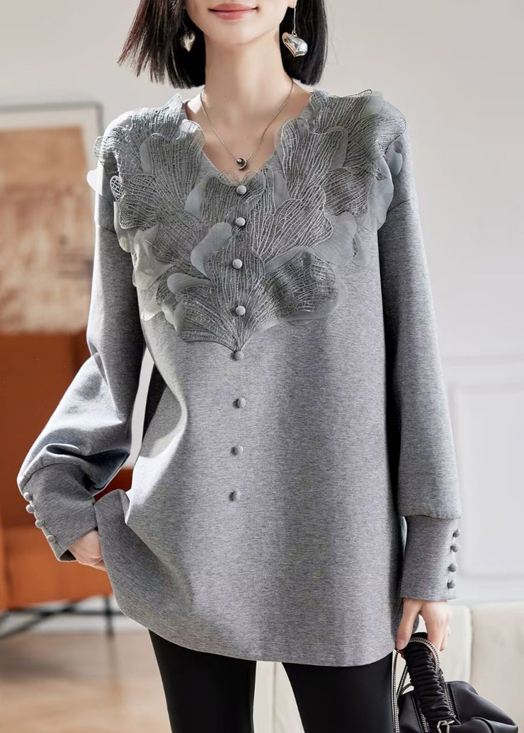 Vogue Grey V Neck Lace Patchwork Sweatshirts Spring