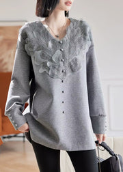 Vogue Grey V Neck Lace Patchwork Sweatshirts Spring