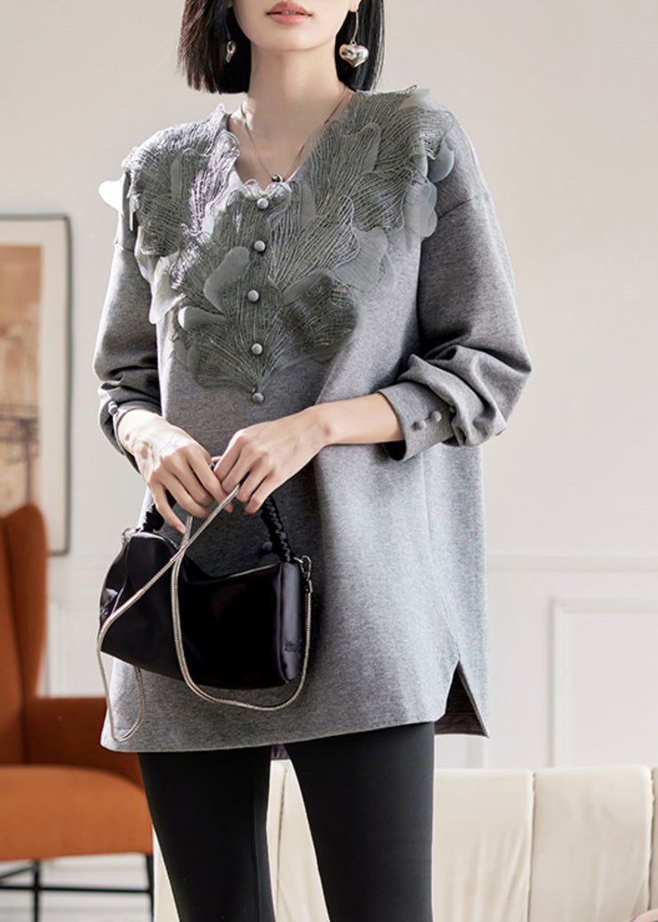 Vogue Grey V Neck Lace Patchwork Sweatshirts Spring