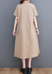 Vogue Khaki Peter Pan Collar Print Button Maxi Shirt Dresses Short Sleeve