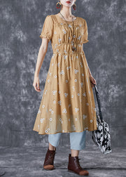 Vogue Khaki Puff Sleeve Patchwork Print Wrinkled Chiffon Dress Summer