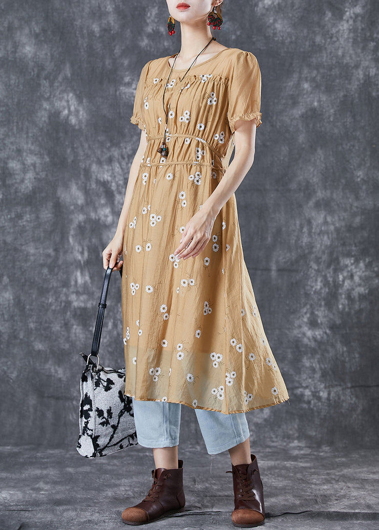 Vogue Khaki Puff Sleeve Patchwork Print Wrinkled Chiffon Dress Summer