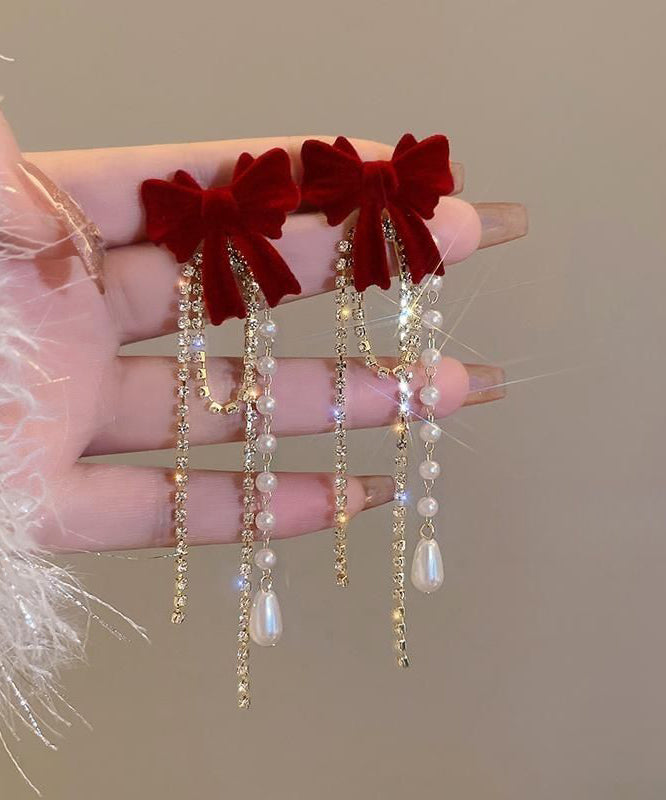 Vogue Mulberry Alloy Zircon Pearl Velvet Bow Tassel Drop Earrings
