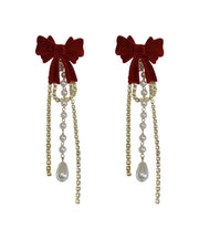 Vogue Mulberry Alloy Zircon Pearl Velvet Bow Tassel Drop Earrings