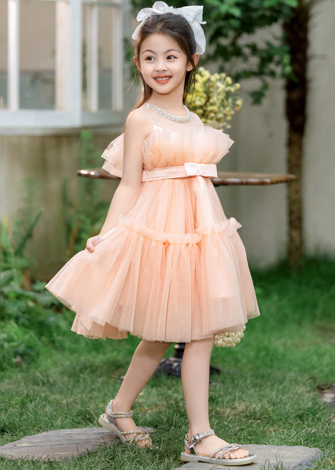 Vogue Orange Ruffled Patchwork Tulle Girls Long Dresses Summer