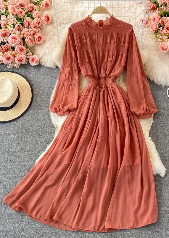 Vogue Orange Stand Collar Ruffled Tunic Chiffon Long Dresses Long Sleeve